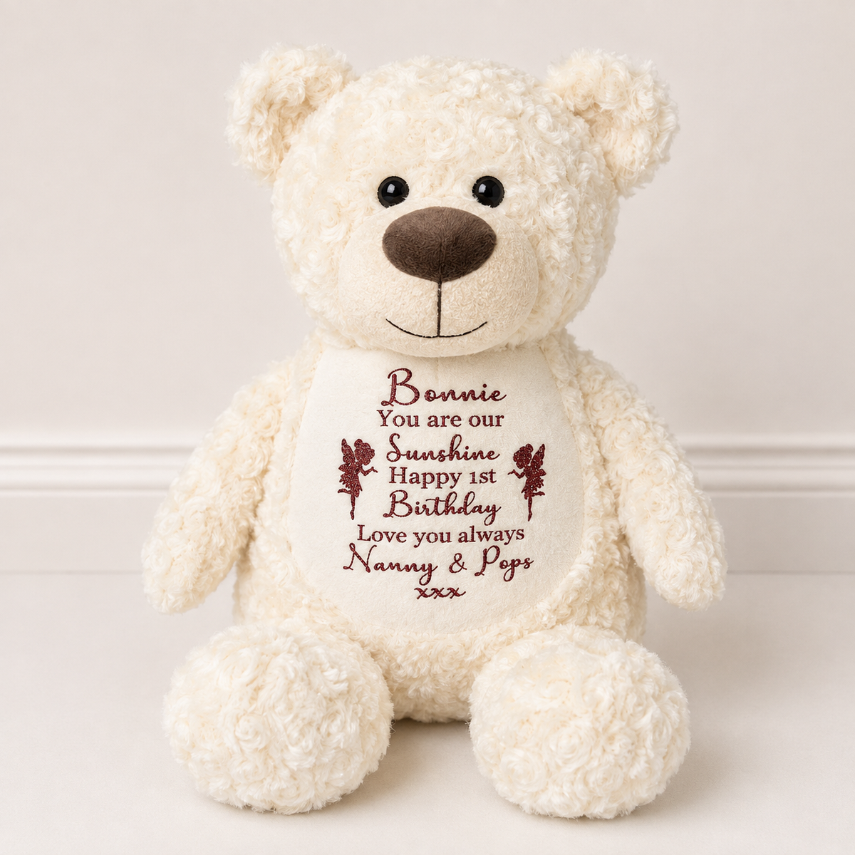 Personalised Create Your Own cream teddy bear with custom birthday message and name printed on tummy by Grace & Grayson