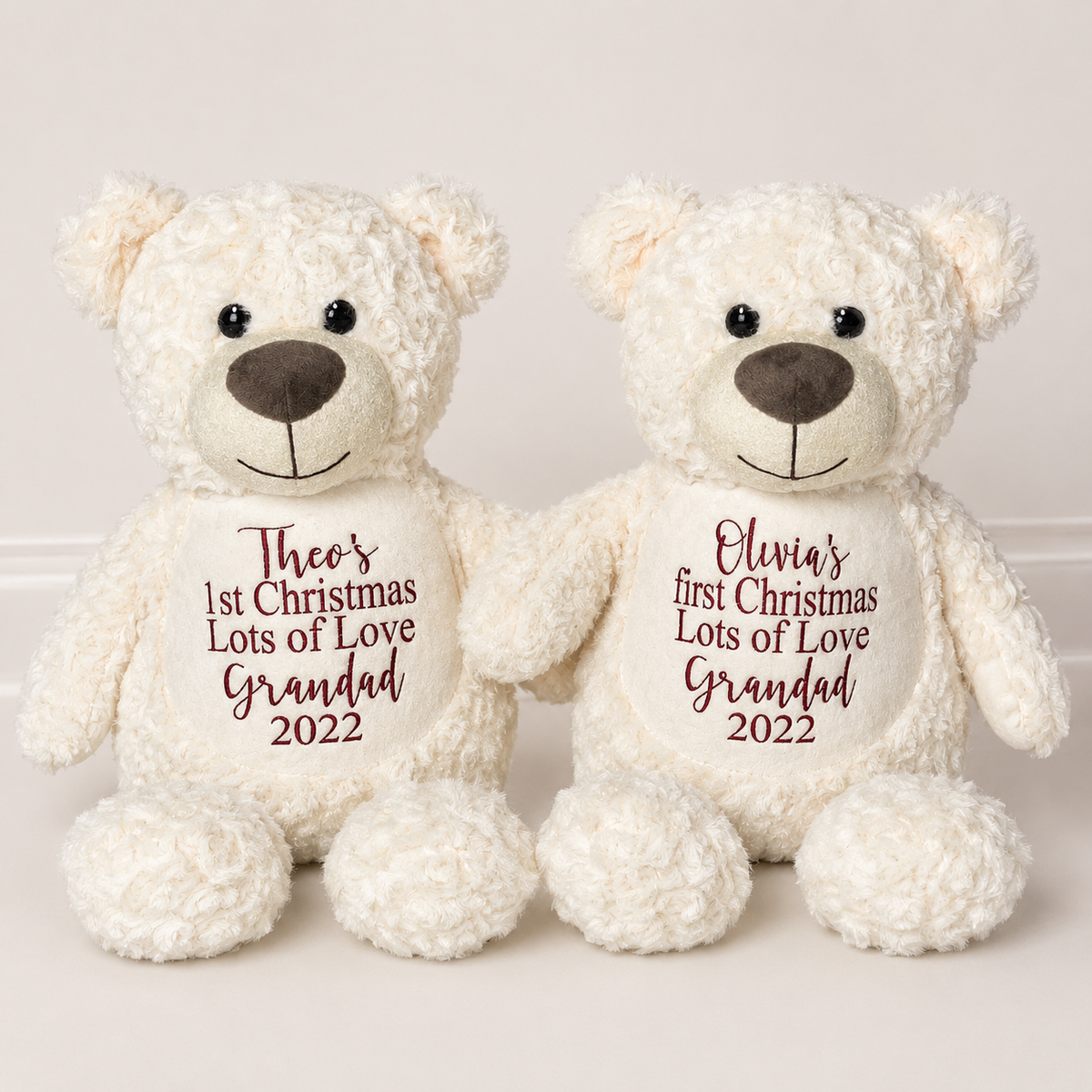 Personalised Create Your Own cream teddy bears with custom Christmas message and names printed on tummy by Grace & Grayson