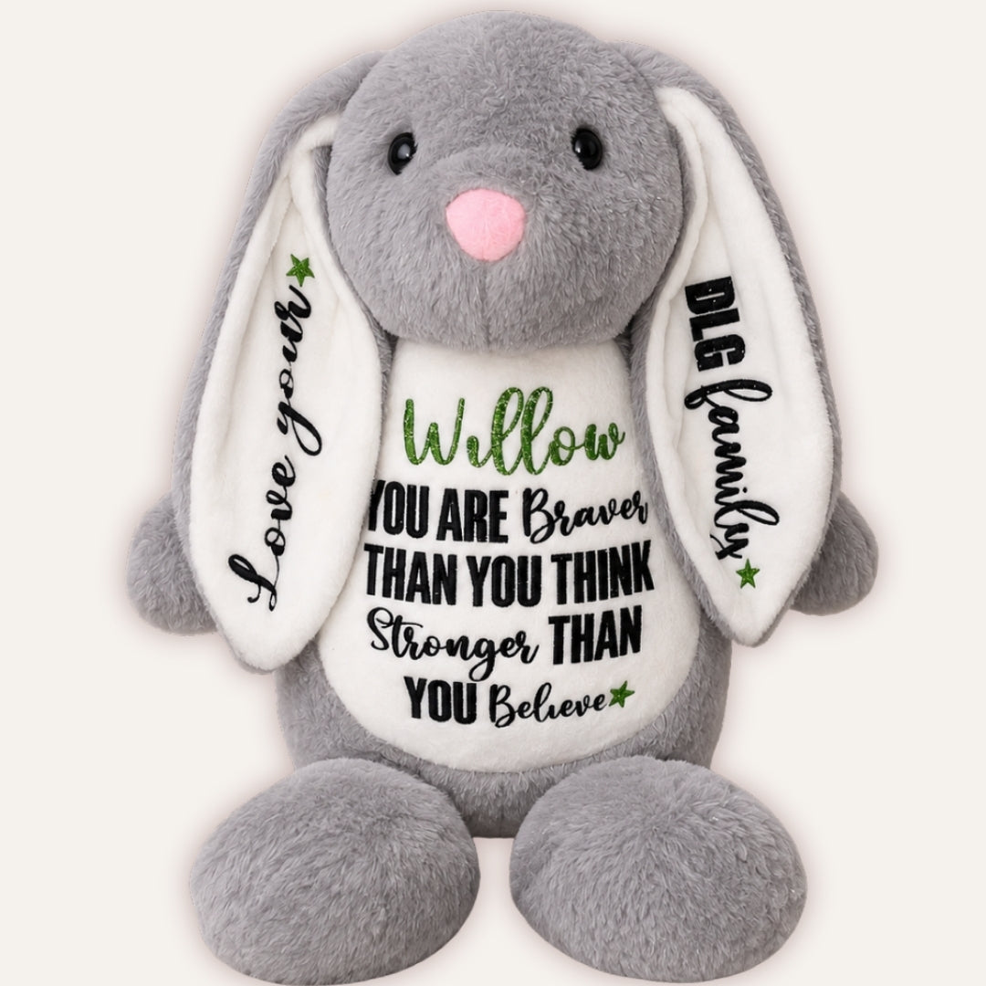 Personalised Create Your Own grey bunny with custom name and inspirational message printed on tummy by Grace & Grayson