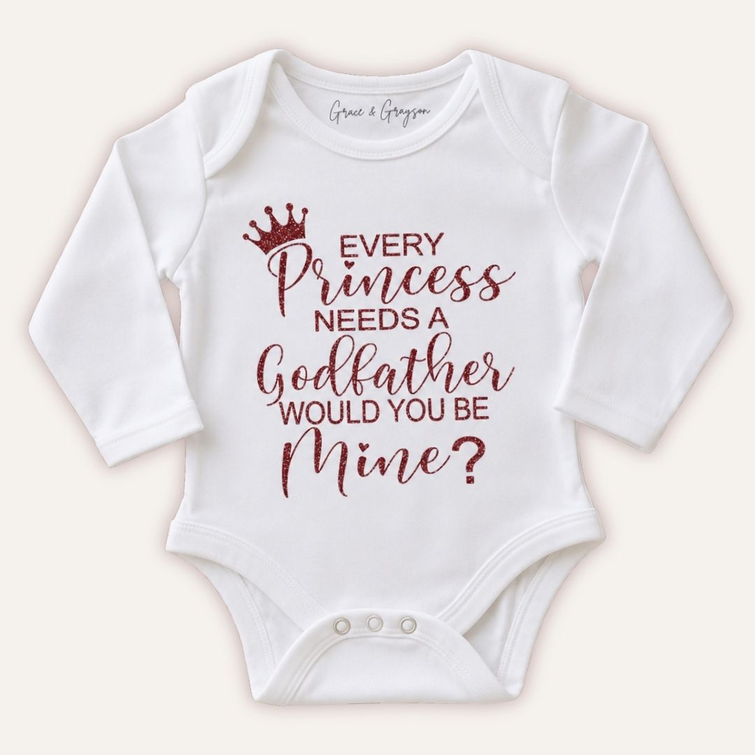Personalised “Every Princess Needs Godparents” baby vest, Grace & Grayson