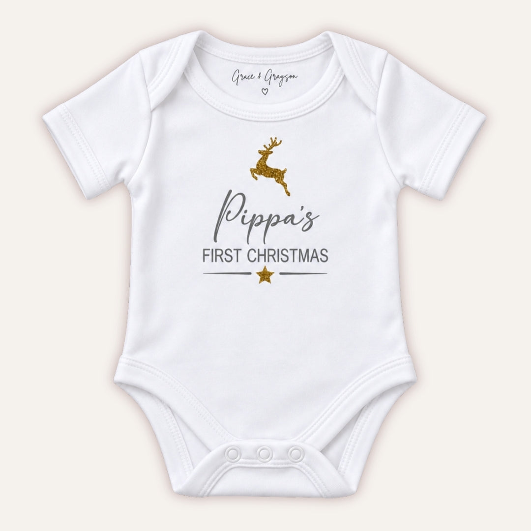 Personalised First Christmas baby vest in a festive design, Grace & Grayson.