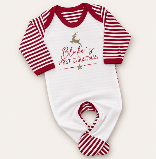 Personalised First Christmas red and white stripe footed baby grow with a reindeer design, Grace & Grayson