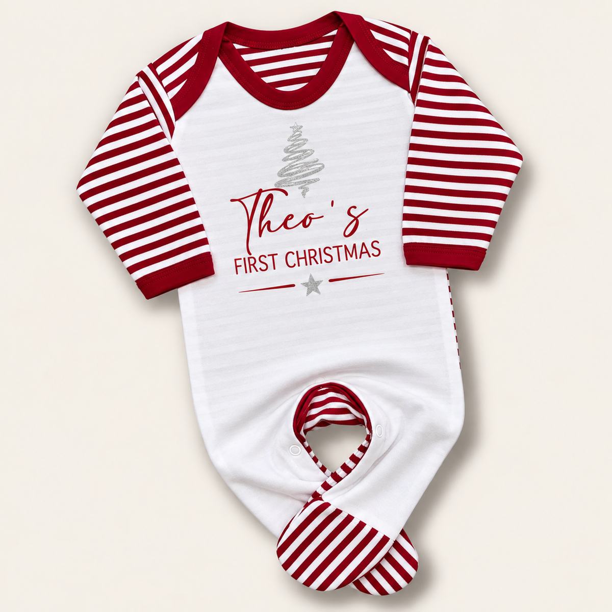 Personalised First Christmas red and white stripe footed baby grow with a silver Christmas tree design, Grace & Grayson