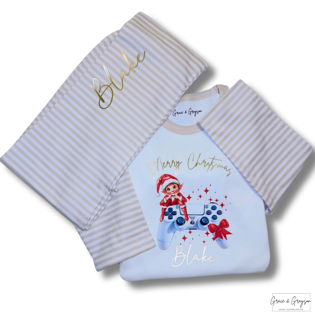 Kids Personalised Gaming Elf Christmas Pyjamas