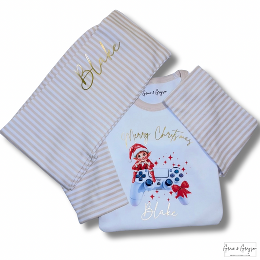 Kids Personalised Gaming Elf Christmas Pyjamas
