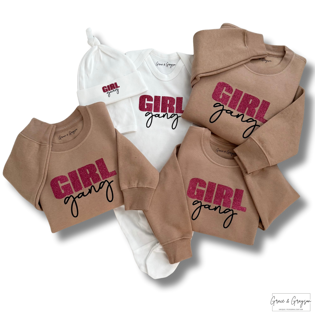 Personalised Girl Gang Baby Grow And Sweatshirt Set