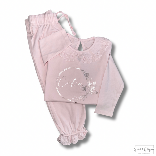 Personalised Girls Broderie Frill Pyjamas