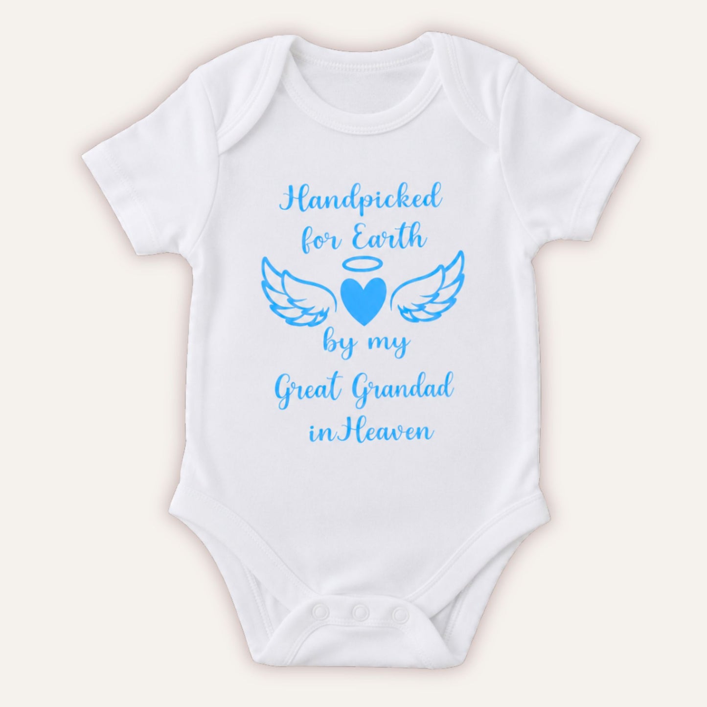 Personalised Handpicked for Earth baby vest with blue angel wings and heart design on white bodysuit - Grace & Grayson