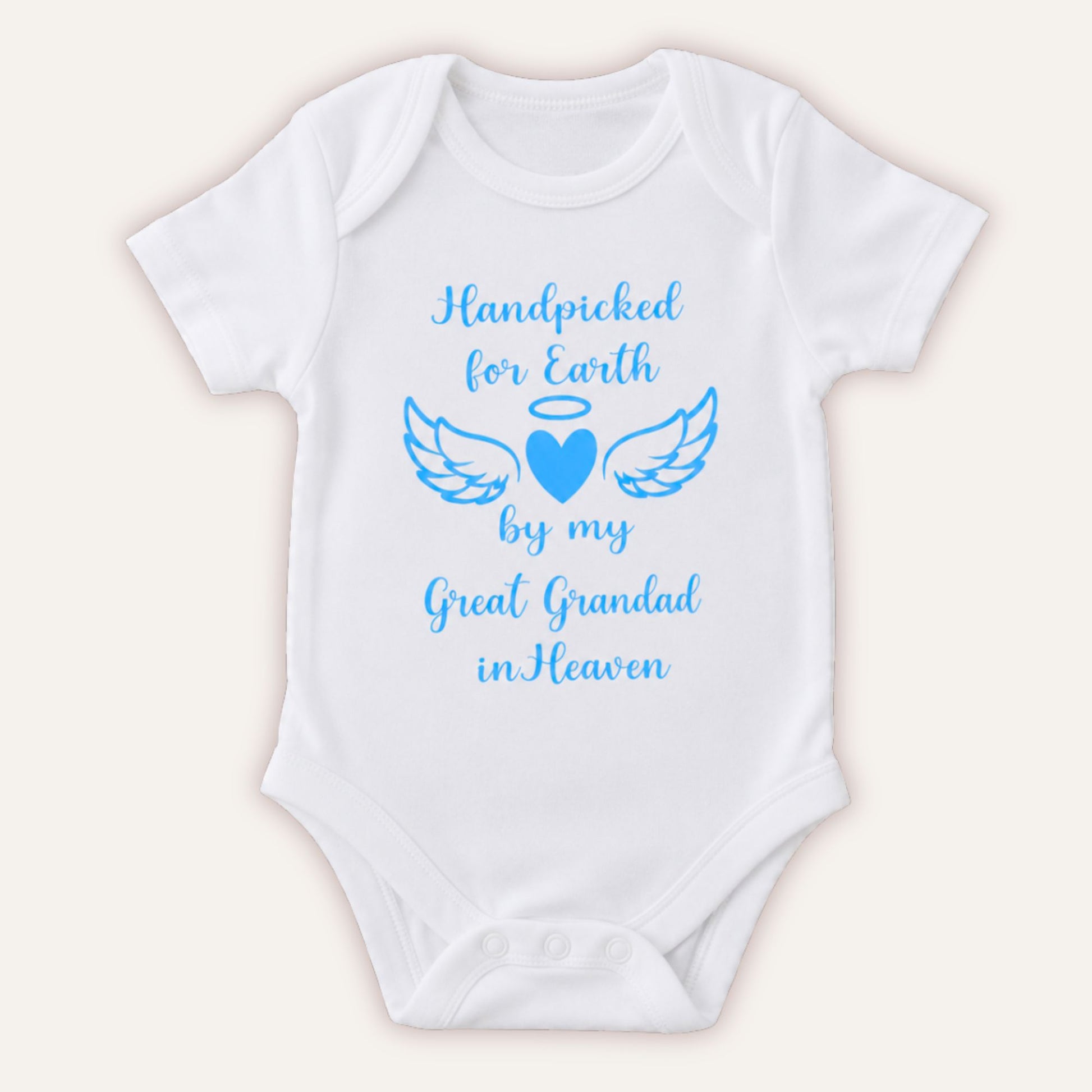 Personalised Handpicked for Earth baby vest with blue angel wings and heart design on white bodysuit - Grace & Grayson