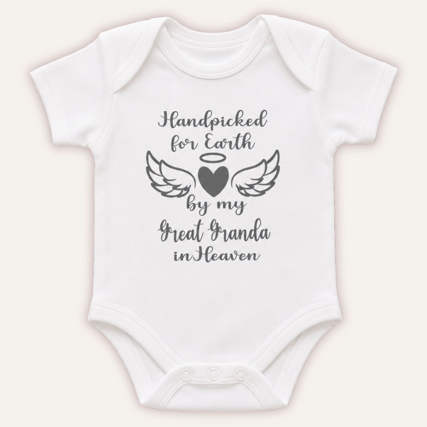 Personalised Handpicked for Earth baby vest with grey angel wings and heart design on white bodysuit - Grace & Grayson