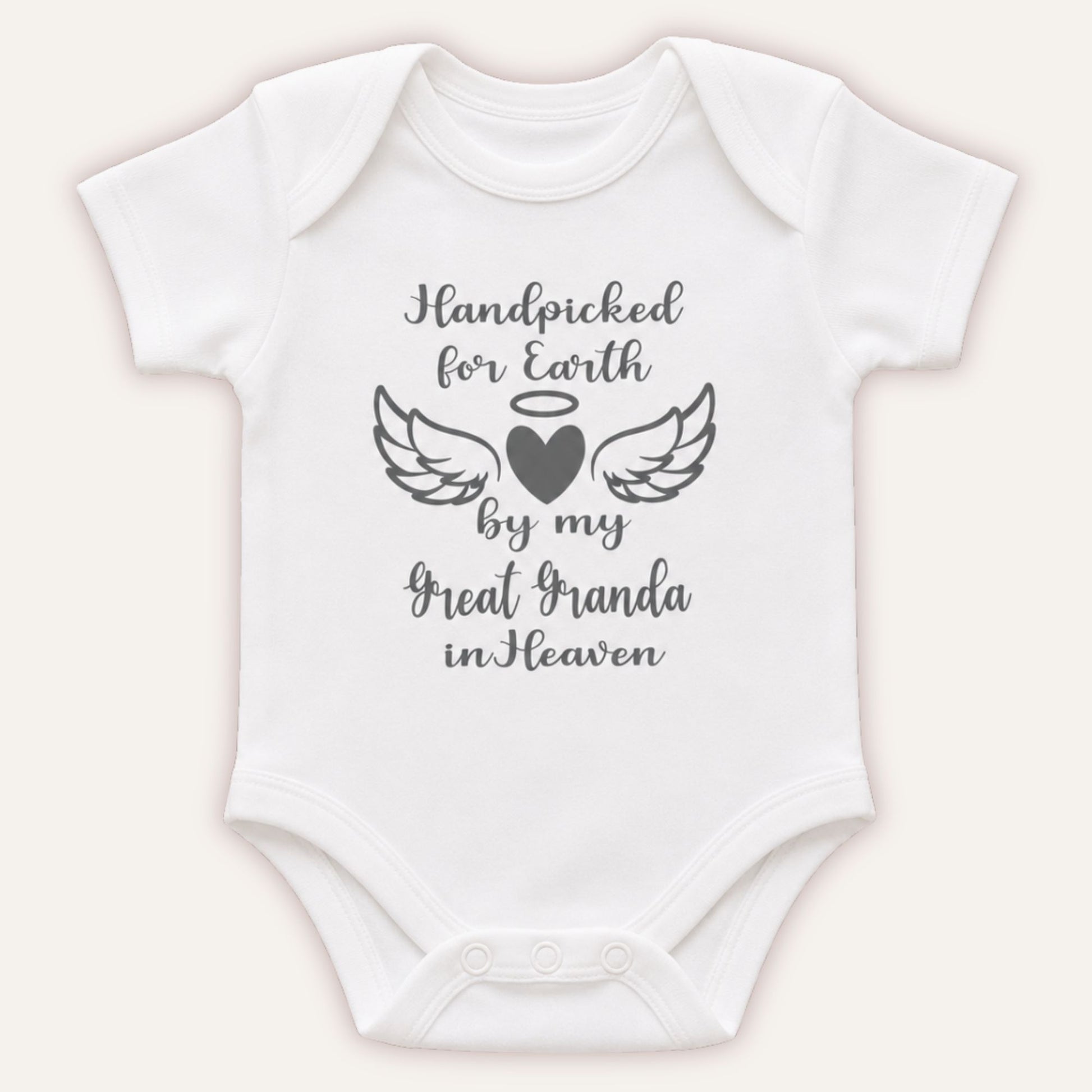 Personalised Handpicked for Earth baby vest with grey angel wings and heart design on white bodysuit - Grace & Grayson