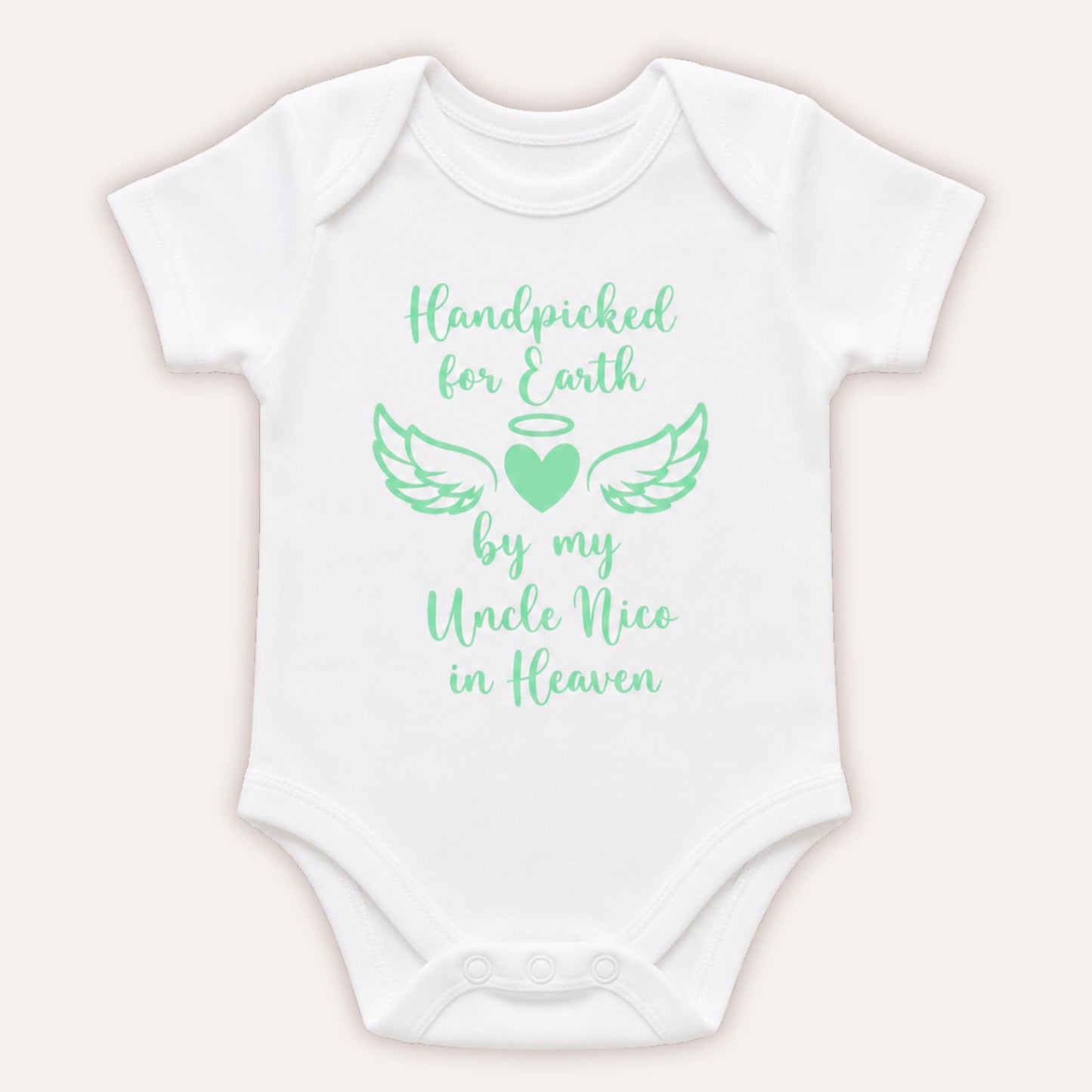 Personalised Handpicked for Earth baby vest with mint green angel wings and heart design on white bodysuit - Grace & Grayson