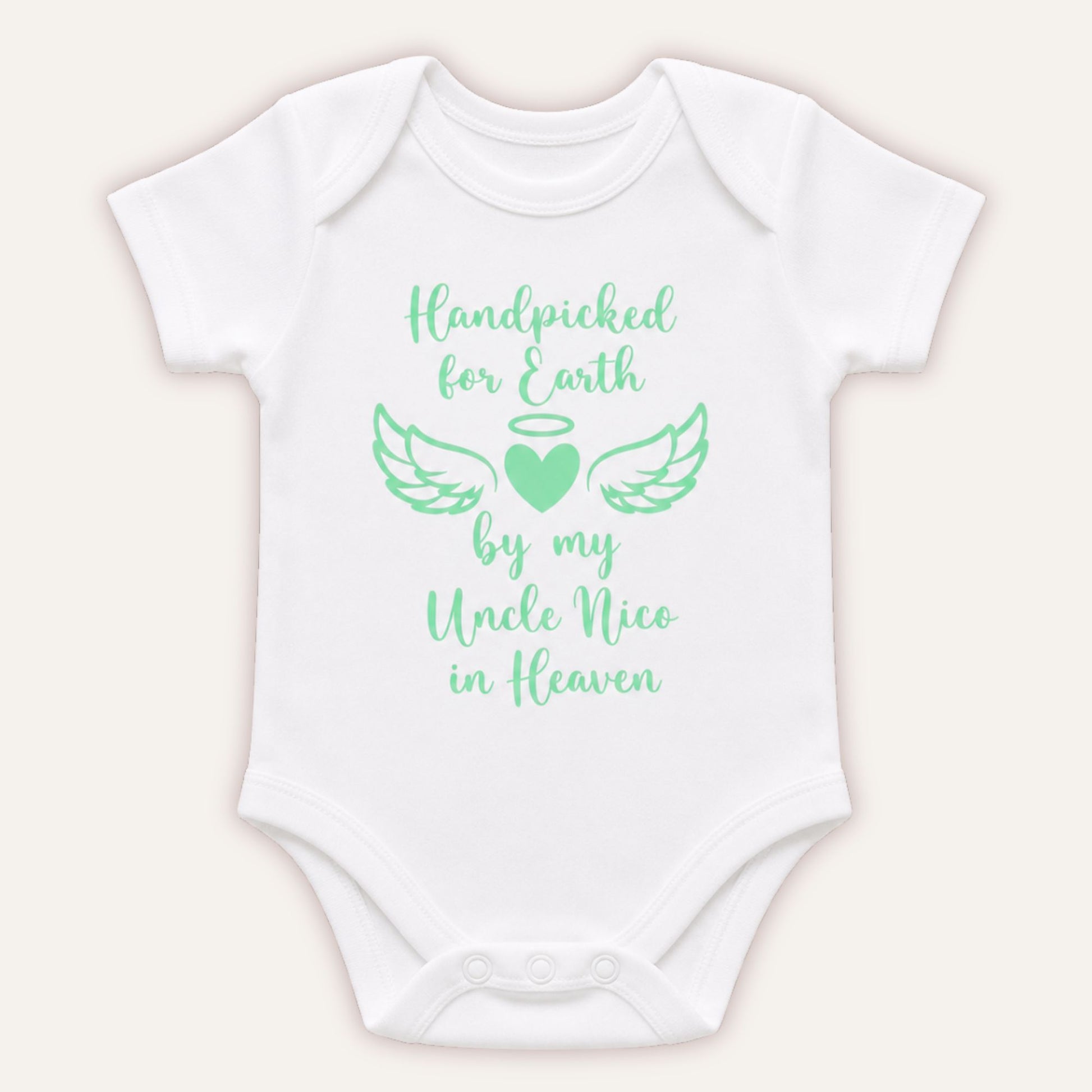 Personalised Handpicked for Earth baby vest with mint green angel wings and heart design on white bodysuit - Grace & Grayson