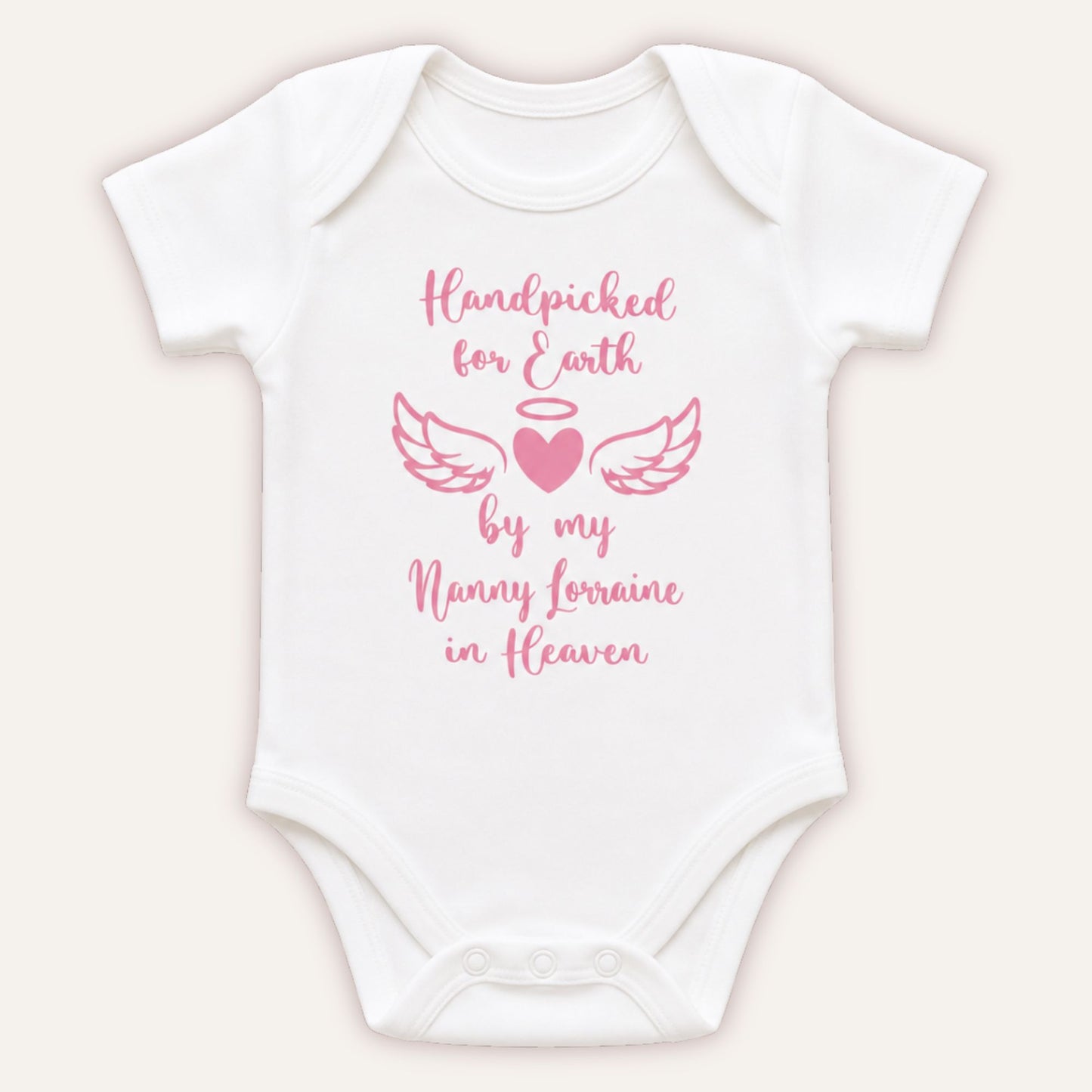 Personalised Handpicked for Earth baby vest with pink angel wings and heart design on white bodysuit - Grace & Grayson
