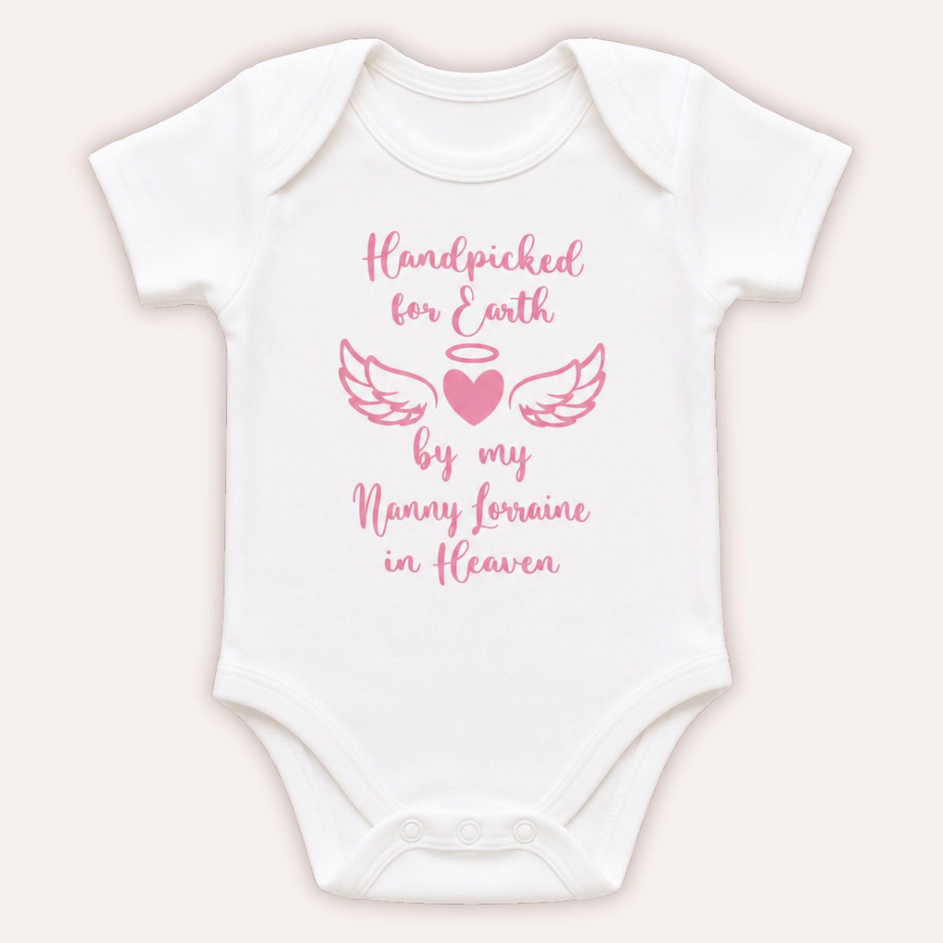 Personalised Handpicked for Earth baby vest with pink angel wings and heart design on white bodysuit - Grace & Grayson