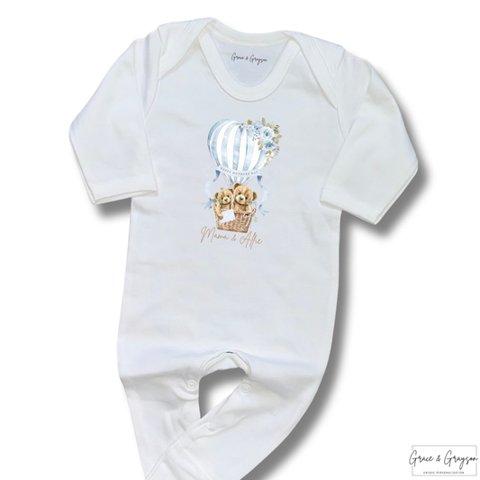 "Personalised Mother's Day blue hot air balloon bear baby grow with custom name on white babygrow"
