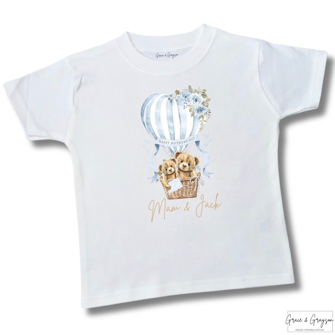 Personalised Happy Mother's Day Blue Hot Air Balloon Bear T-Shirt
