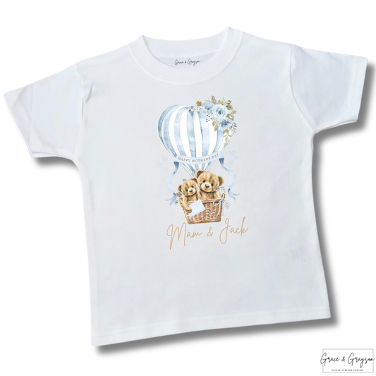 Personalised Happy Mother's Day Blue Hot Air Balloon Bear T-Shirt