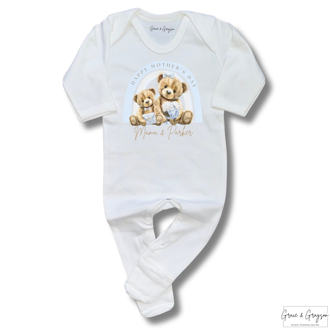 Personalised Happy Mother's Day Blue Rainbow Bear Baby Grow