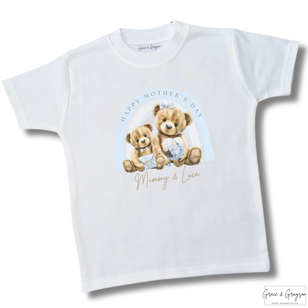 Personalised Happy Mother's Day Blue Rainbow Bear T-Shirt