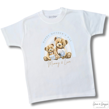 Personalised Happy Mother's Day Blue Rainbow Bear T-Shirt