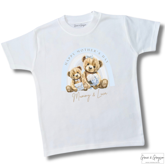 Personalised Happy Mother's Day Blue Rainbow Bear T-Shirt