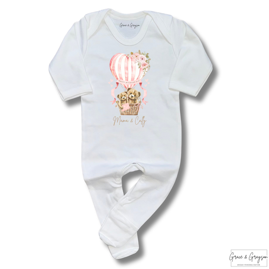  "Personalised Mother's Day pink hot air balloon bear baby grow with custom name on white babygrow"