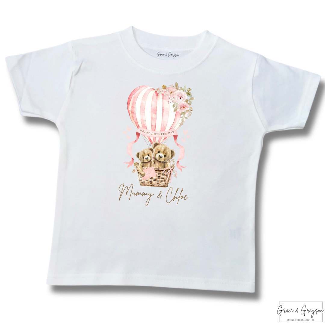 Personalised Happy Mother's Day Pink Hot Air Balloon Bear T-Shirt