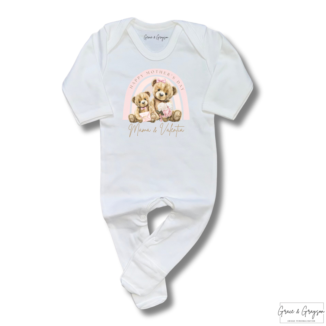 Personalised Happy Mother's Day Pink Rainbow Bear Baby Grow