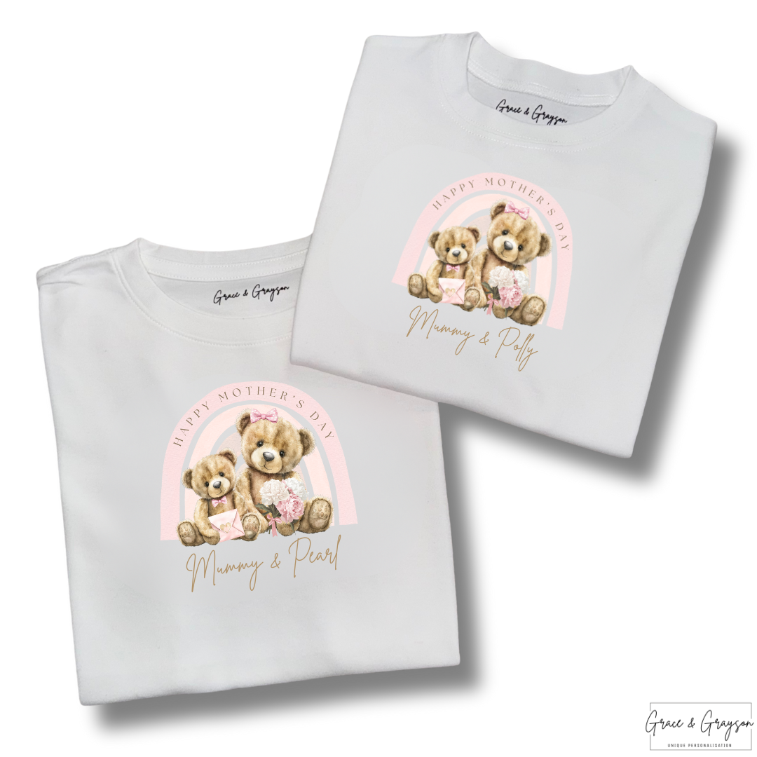 Personalised Happy Mother's Day Pink Rainbow Bear T-Shirt