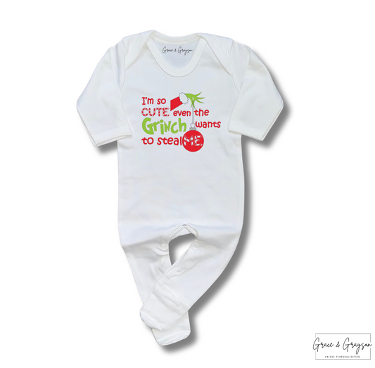 Personalised Im So Cute Even The Grinch Wants To Steal Me Baby Grow