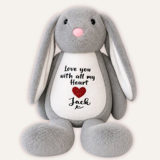 Personalised Love You Teddy Bear - grey bunny with custom name and heart embroidery by Grace & Grayson