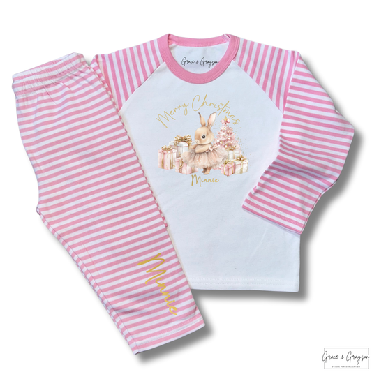 Personalised Merry Christmas Pink Bunny Pyjamas 