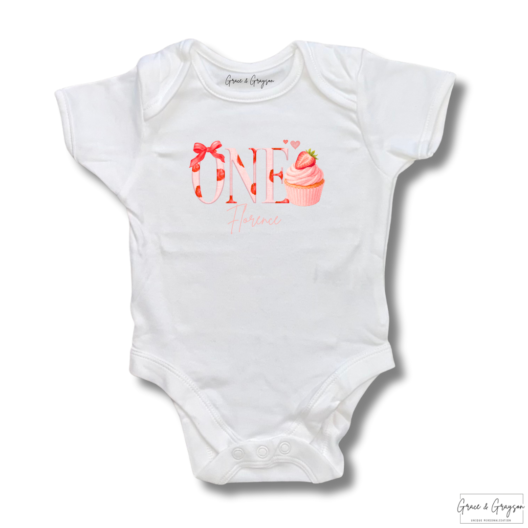Personalised Number One Strawberry Cupcake Birthday Baby Vest