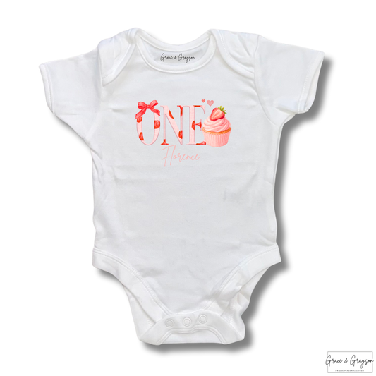 Personalised Number One Strawberry Cupcake Birthday Baby Vest