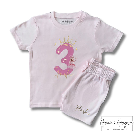 Personalised Pastel Pink Birthday Princess Shorts & T-Shirt Set