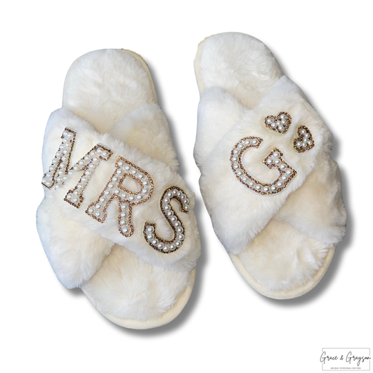 Personalised Pearl Mrs Faux Fur Slippers