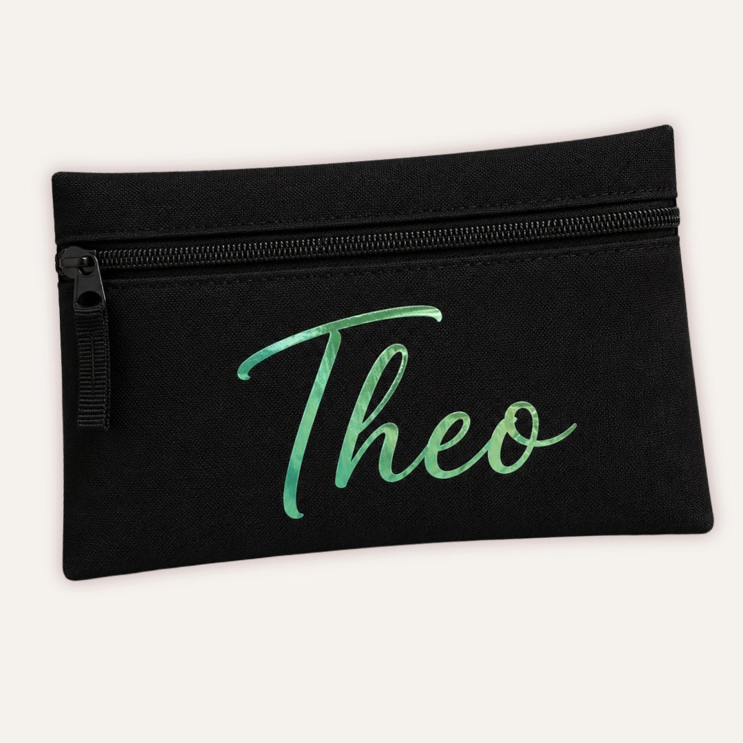 Personalised Pencil Case - black pencil case with custom name in green pearl font by Grace & Grayson