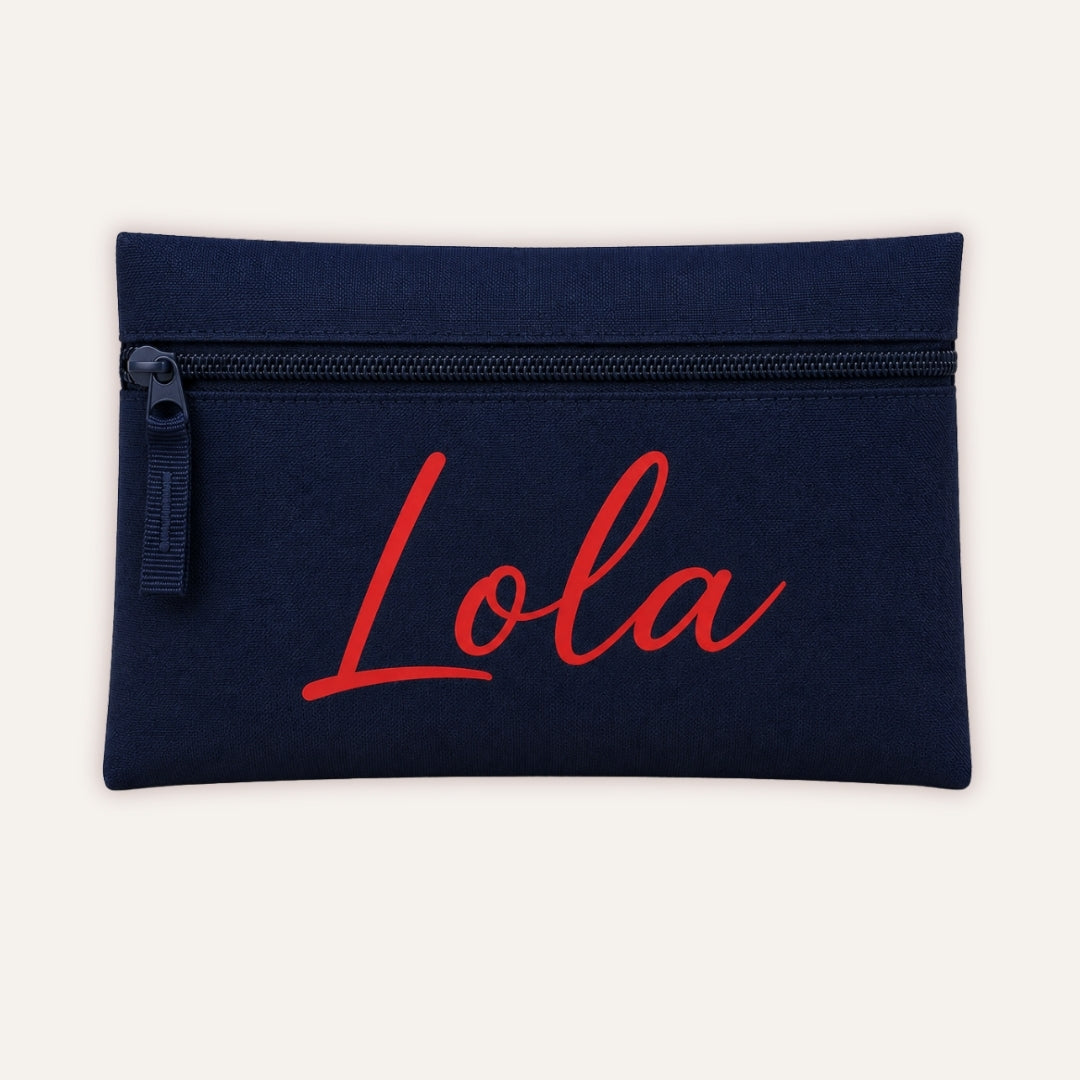 Personalised Pencil Case - navy pencil case with custom name in red font by Grace & Grayson
