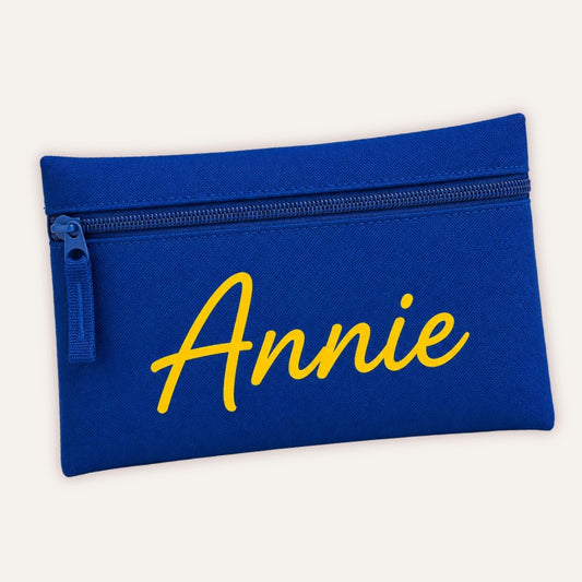 Personalised Pencil Case - royal blue pencil case with custom name in yellow font by Grace & Grayson