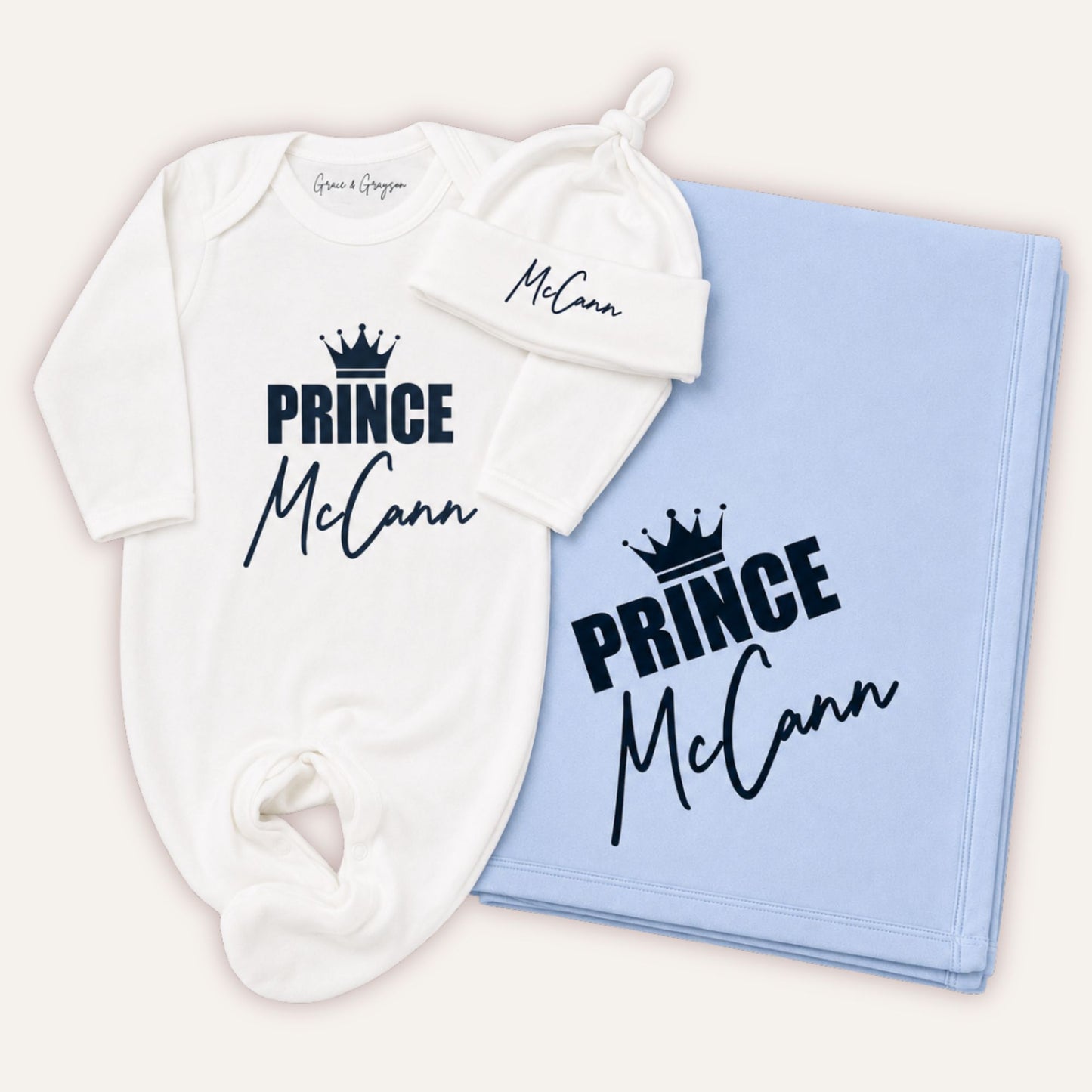 Personalised Prince baby grow and blanket gift set – Grace & Grayson