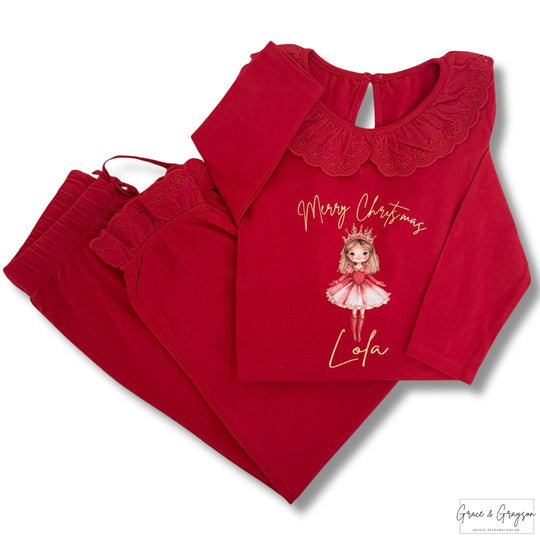 Personalised Red Sugar Plum Christmas Frill Pyjamas