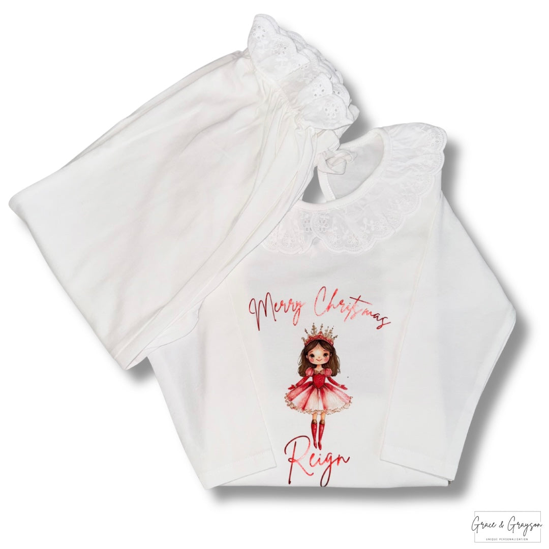 Personalised Red Sugar Plum Christmas Frill White Pyjamas