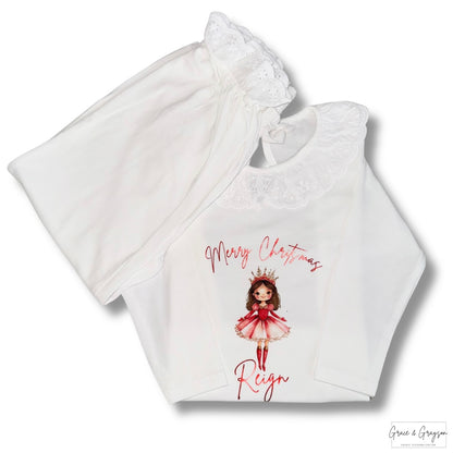 Personalised Red Sugar Plum Christmas Frill White Pyjamas