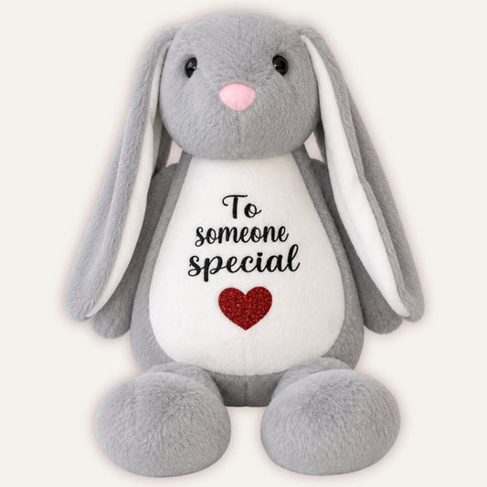 Personalised Someone Special Teddy Bear - grey bunny with To Someone Special and heart embroidery by Grace & Grayson