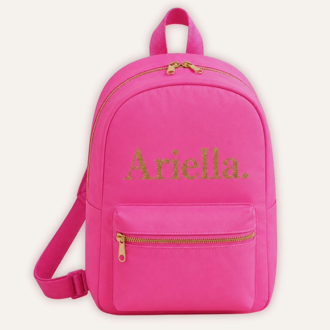 Personalised Sorbet Backpack - hot pink backpack with custom name in gold glitter font by Grace & Grayson