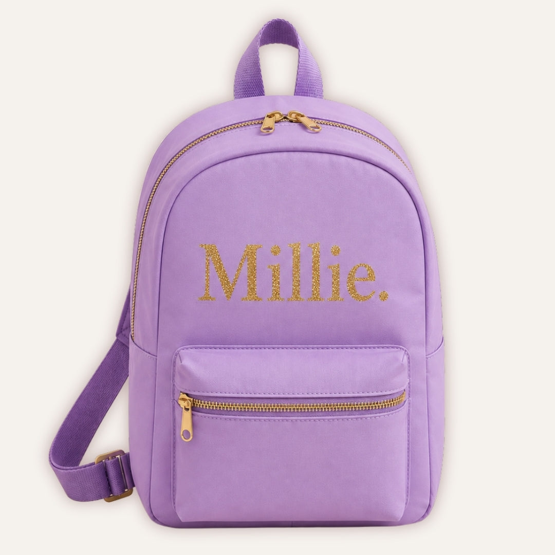 Personalised Sorbet Backpack - lilac backpack with custom name in gold glitter font by Grace & Grayson