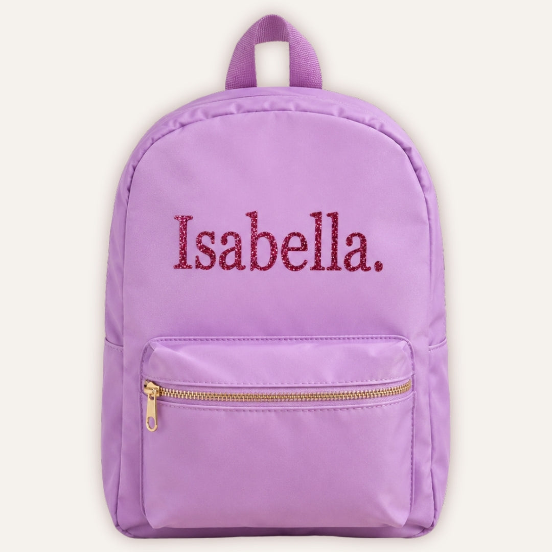 Personalised Sorbet Backpack - lilac backpack with custom name in pink glitter font by Grace & Grayson