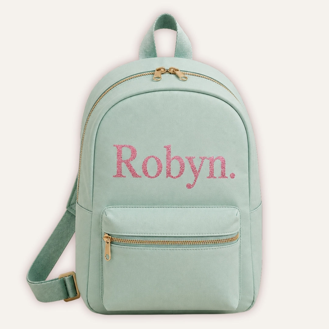 Personalised Sorbet Backpack - mint green backpack with custom name in Rose pink glitter font by Grace & Grayson