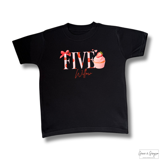 Personalised Strawberry Cupcake Number Birthday T-Shirt Black